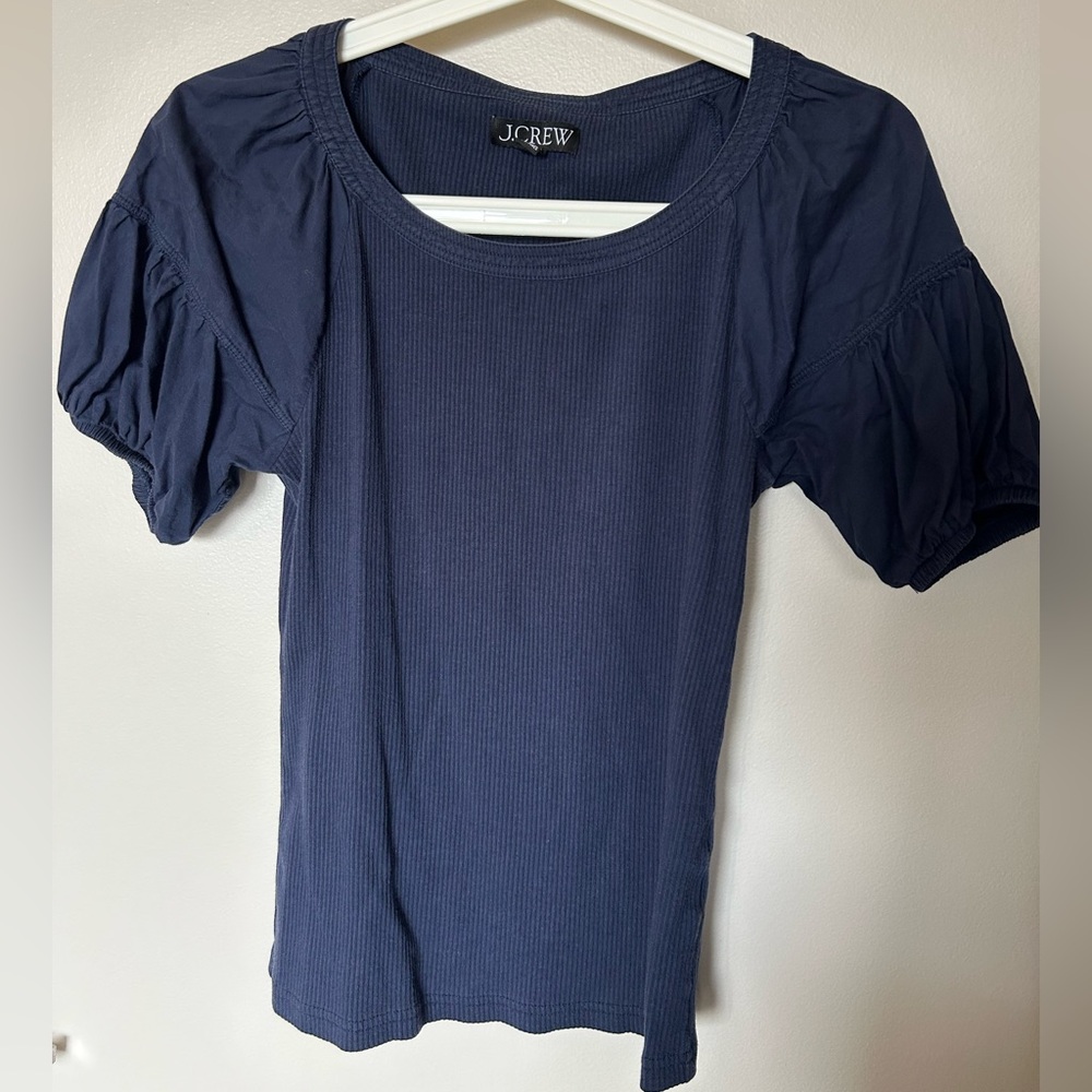 J. Crew Navy Ribbed Puff-Sleeve Tee